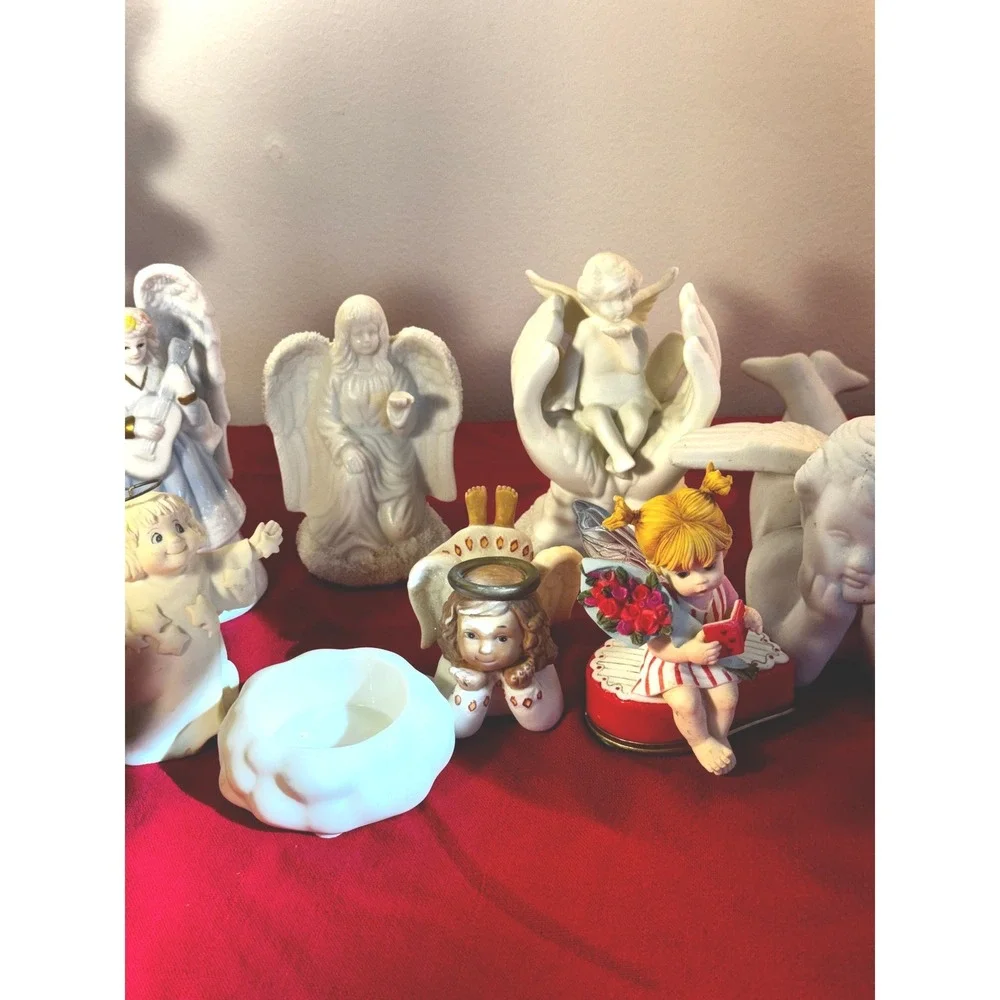 Vintage Angel Figurine Lot White Ceramic Cherubs Candle Holders Bell Decor 10pc